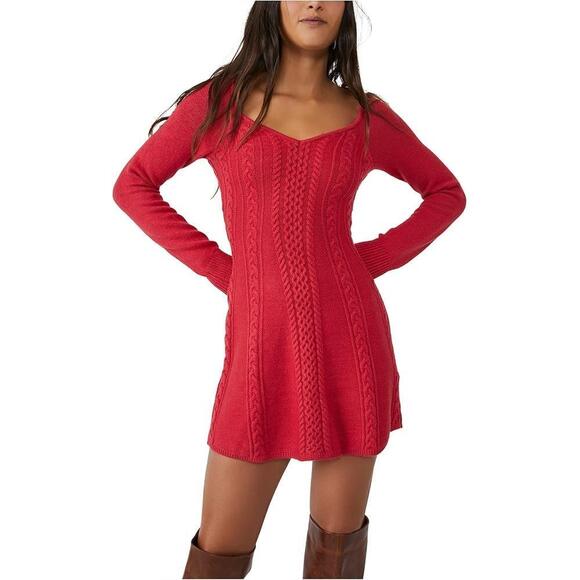 Free People Red V-Neck Cable Knit Sweater Mini Dress Size Small - Picture 1 of 7